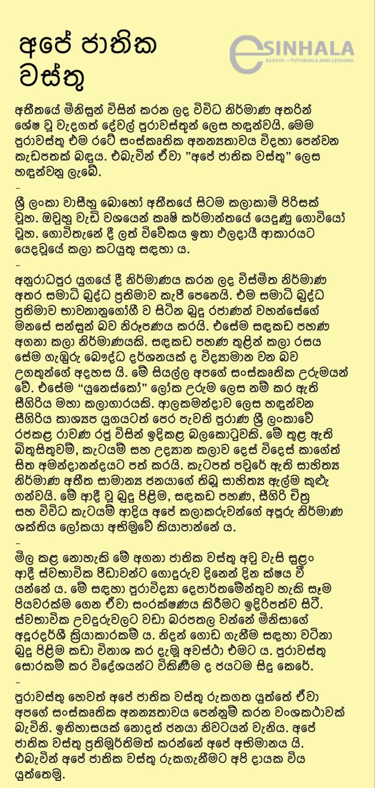 Our National Antiquities අපේ ජාතික වස්තු ‍ Grade 9 Sinhala Essays