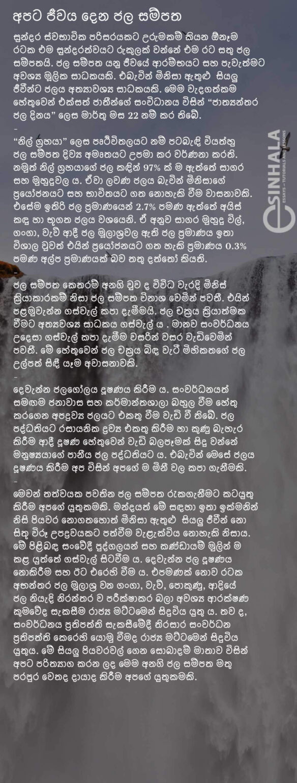 The water resource that gives us life Sinhala Essay for Grade 11 and 10