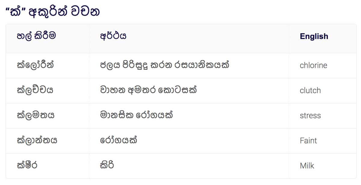 sinhala words for grade 1 to 3